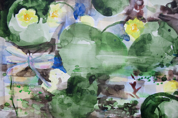 Water flowers and algae on silt river bottom. Watercolor painting nuphars with wet splashes and drips texture background. Flowering spatterdocks and duckweed with dragonfly.