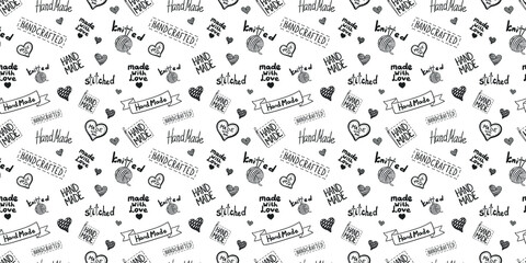Vector seamless pattern, hand drawn illustration, graphic art, black and white icons on white background, backdrop template, wrapping paper.
