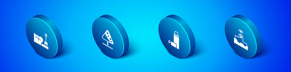 Set Isometric Shovel in snowdrift, Thermos container, Award winner podium and Road sign avalanches icon. Vector