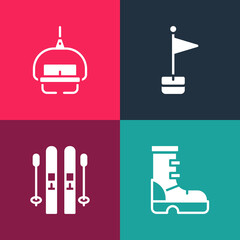 Set pop art Waterproof rubber boot, Ski and sticks, Location marker and lift icon. Vector