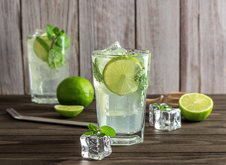 Fresh lime and mint infused water, cocktail, detox drink, lemonade.