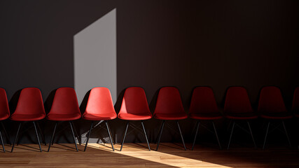 Standing chairs in a row, red chair stands out among the likes. Job opportunity. Career consultant and recruiting concept. 3d illustration.