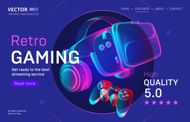 Retro gaming streaming service landing page template with VR helmet and gamepad. Outline vector illustration of headset and joystick in 3d neon line art style on abstract background