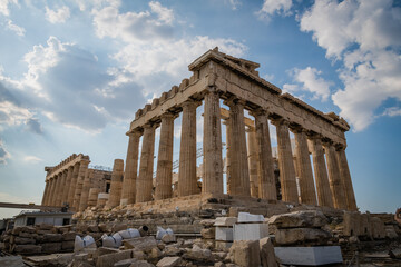 Naklejka premium Parthenon on Acropolis, Athens, Greece. It is top landmark of Athens. Famous temple in Athens city center. Scenery of Greek ruins, remains of classical culture. 