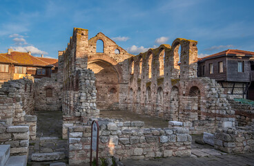 Fototapeta premium Ruins of byzantine Church of Saint Sophia in the old town of Nessebar, Burgas Region, Bulgaria. The Ancient City of Nesebar is a UNESCO World Heritage Site.