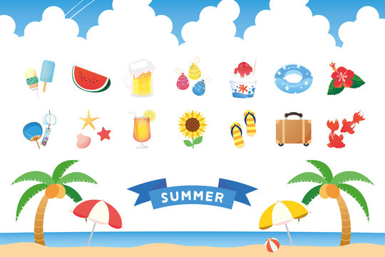 夏アイテムのイラスト アイコンセット