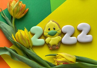 happy easter greeting card with face protective mask to prevent coronavirus pandemic