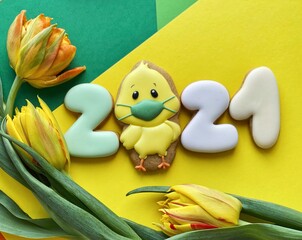 happy easter greeting card with face protective mask to prevent coronavirus pandemic