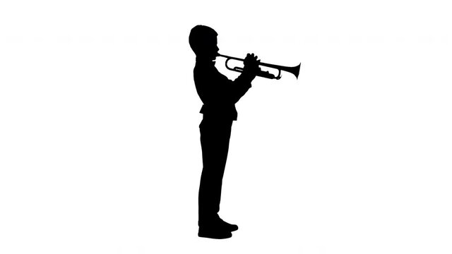 Silhouette Concentrated little boy in a bow tie blowing the trumpet.