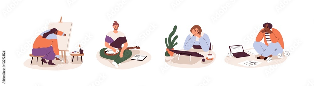 Aufkleber creativity crisis and burnout concept. set of sad creative people with no ideas and inspiration, pro