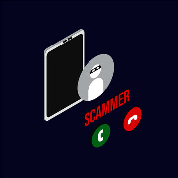 An Isometric Vector Of Scammer Phone Call On Dark Background