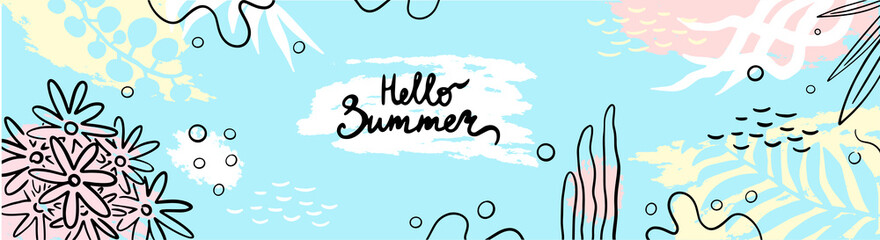 Banner of hello summer. Fashionable summer design with typography, hand strokes and dots, strokes, leaves, in pastel colors. Modern minimalist style. Horizontal poster, greeting card, website title