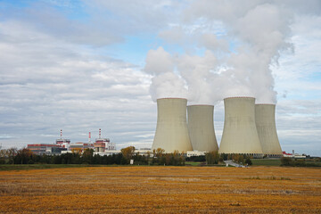 Temelin Nuclear power station plant with two atomic reactors and four cooling towers, Temelin,...