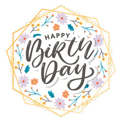 Beautiful happy birthday greeting card with flowers and bird. Vector party invitation with floral elements.