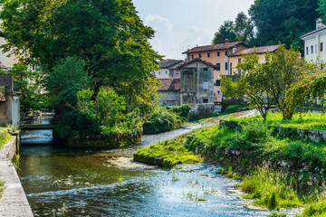Fototapeta na wymiar Typical views of the village of Polcenigo. At the source of the Livenza