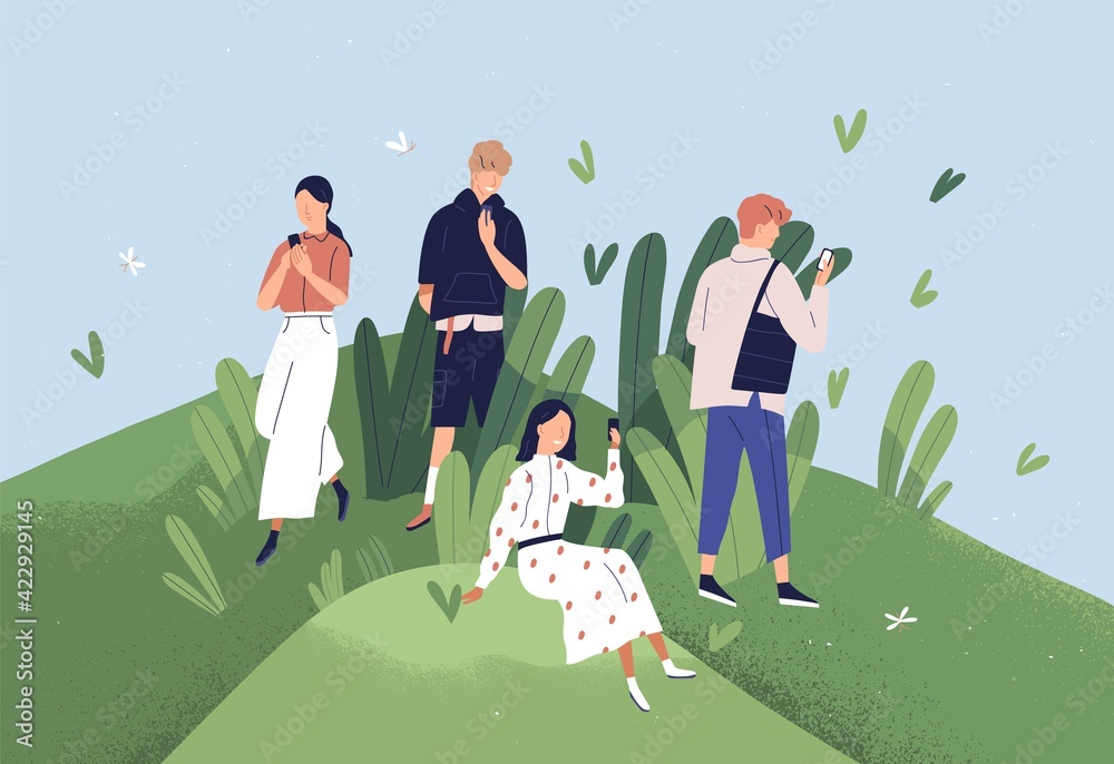 Aufkleber Happy app users with mobile phones. Good customers' support and friendly online environment concept. People using usable applications with beautiful pleasant design. Colored flat vector illustration