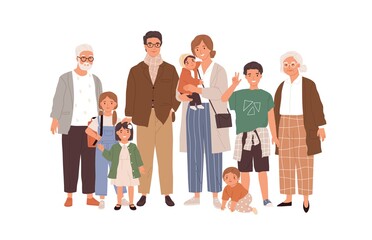 Portrait of big happy family with children, mother, father, grandfather and grandmother isolated on white background. Parents, grandparents and grandchildren. Colored flat vector illustration