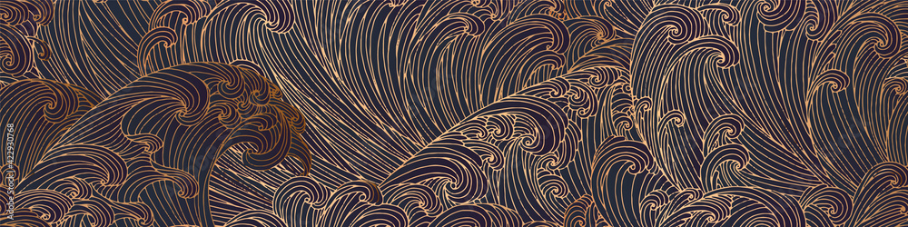 Wall mural line art design of waves, mountain, modern hand-drawn vector background, gold ink pattern. minimalis