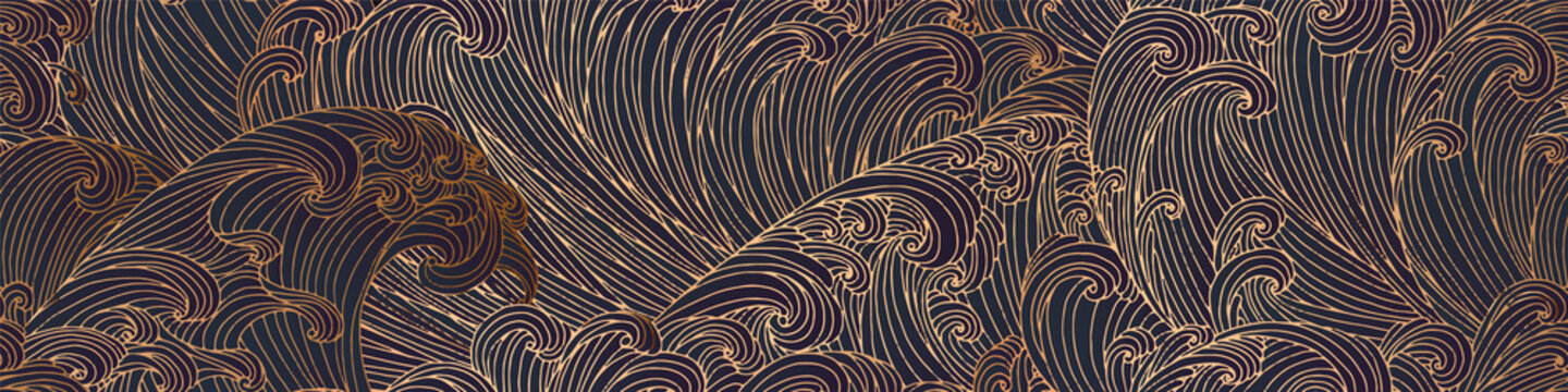Naklejka Line art design of waves, mountain, modern hand-drawn vector background, gold ink pattern. Minimalist Asian style.