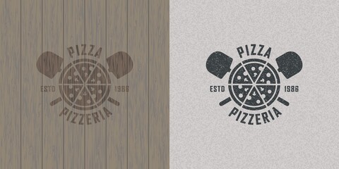 Colored illustration pizza, shovel, text on background with grunge and wood texture.Vector illustration in vintage style for emblem, poster, label, badge.Pizzeria.Pizza making and selling.