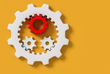 Small red and white connecting gear cogs inside big white cog isolated on yellow background; planet gear system; internal gear and pinion; flat lay, close up, copy space; 3d rendering, 3d illustration