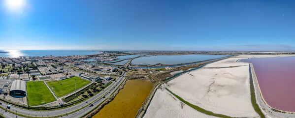 Aerial view of the pink lagoons and salt fields in the South of France