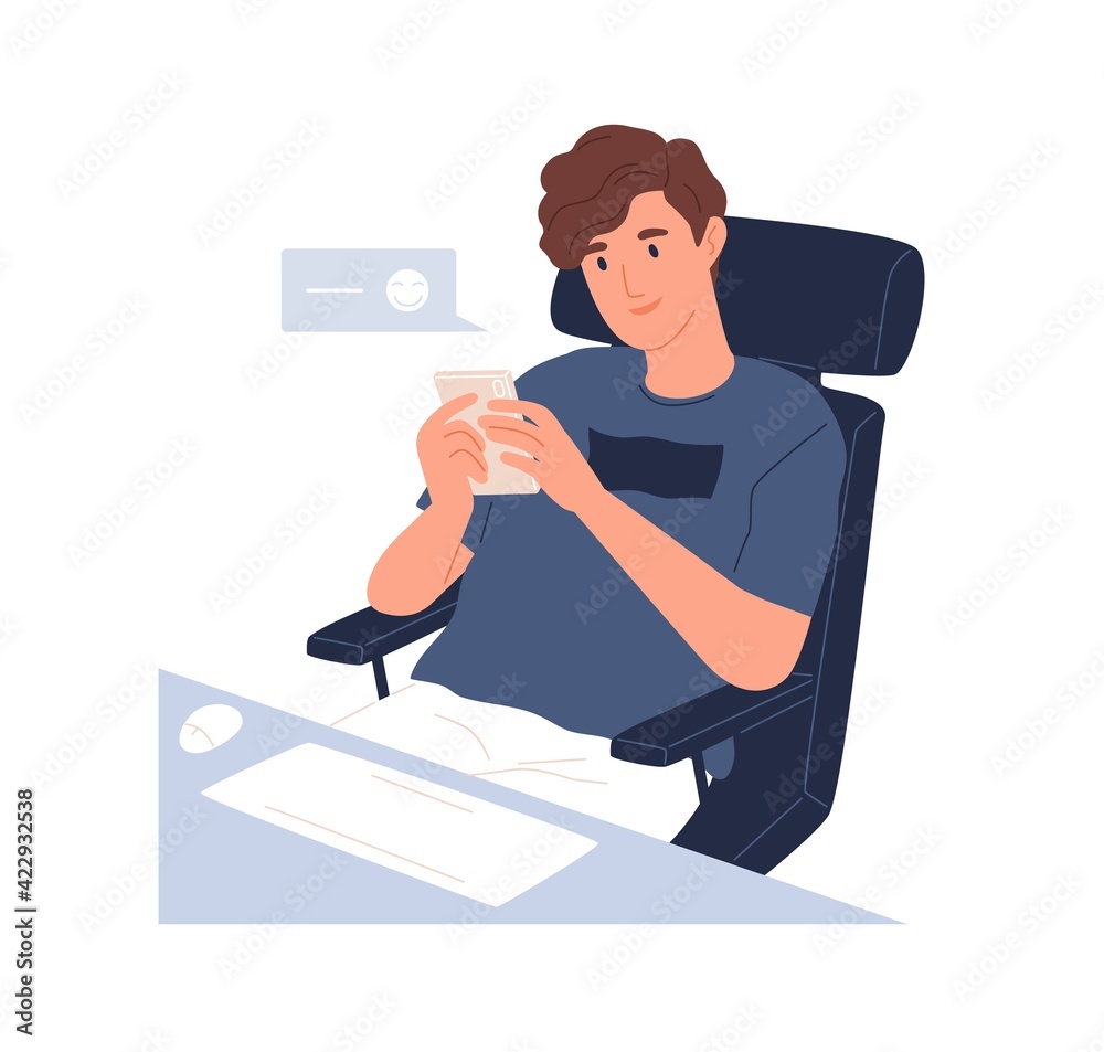 Poster Happy young man using mobile phone app for chatting online and texting messages. Guy with smartphone during virtual communication. Colored flat vector illustration isolated on white background