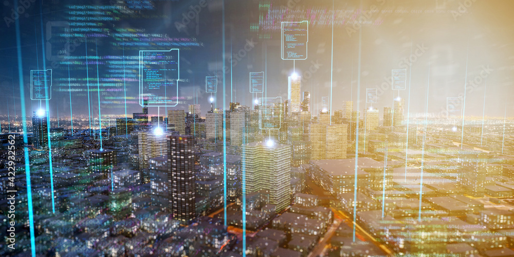 Poster smart city with network and communication connection - 3d rendering