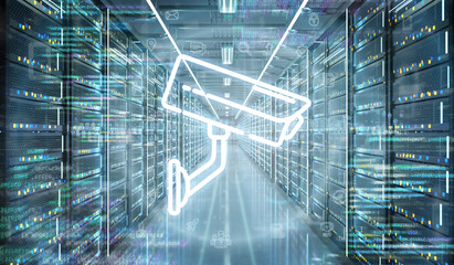 CCTV security camera icon in a Server room data center - 3d rendering