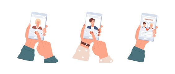 Love match between man and woman in dating app. Male and female hands holding mobile phones with application for couple building. Colored flat vector illustration isolated on white background