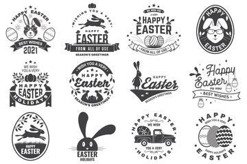 Happy Easter card, badge, logo, sign. Vector. Typography design with easter rabbit and hand eggs. Modern minimal style. For poster, greeting card, overlay, sticker. Easter Egg Hunt