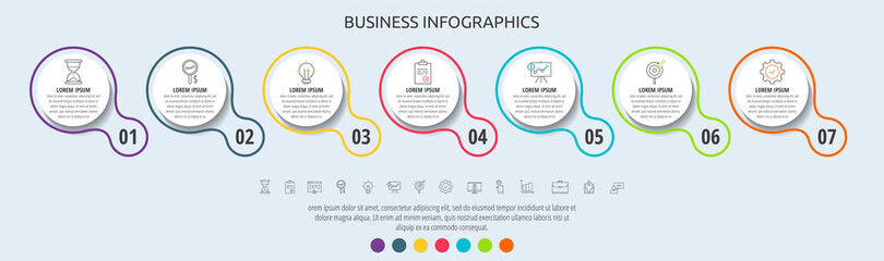 Circles vector infographic with 7 step, icons. Timeline used for diagram, chart, web, banner, workflow layout, presentations, info graph, levels, chart, processes diagram