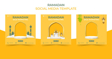 editable square social media post template. ramadan sale banner concept for promotion with podium.