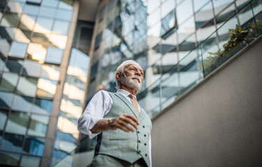 Senior business man walking trough street.