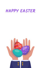 Vertical banner with hands holding painted Easter eggs