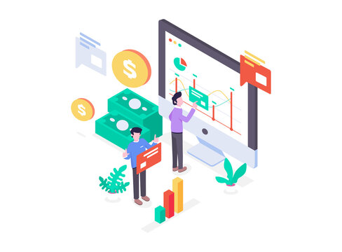 Vector Illustration Workers Doing FInancial Analysis With Diagram Cash Flow Money Dollar Profit And Loss Isometric Flat Design Style