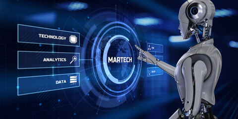 Martech Digital marketing automation technology concept. Robot pressing button on screen 3d render