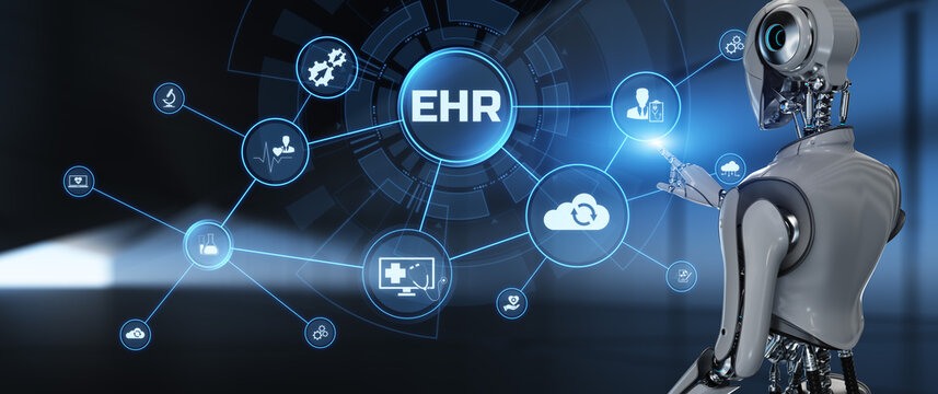 EHR EMR Electronic medical health record RPA automation. Robot pressing button on screen 3d render