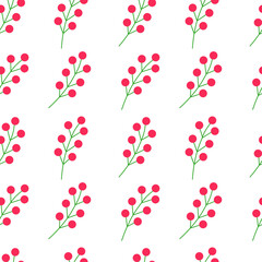 Seamless illustration with a branch of red berries on a white background.