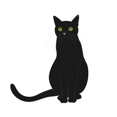 A black smooth-haired cat with large green eyes is sitting. Isolated on a white background. Vector illustration in cartoon style.