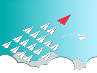 Meaningful symbols to leadership or different and 
Team work concept with red and white paper airplane path on blue background. Use for  education or Business concept. Mock up design. 3d abstract.