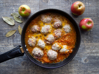 hot freshly made meatballs with vegetable sauce