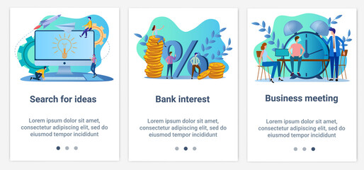 Modern flat illustrations in the form of a slider for web design. A set of UI and UX interfaces for the user interface.Search for ideas, bank interest, and business meeting.