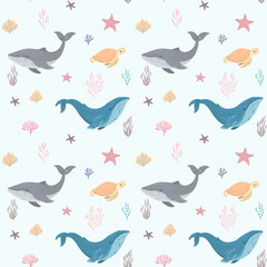 Whale, turtle, starfish vector pattern with hand drawn.