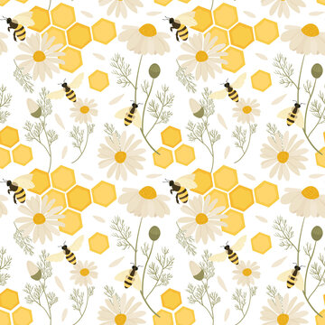 Seamless pattern with bees. Vector hand draw illustration.