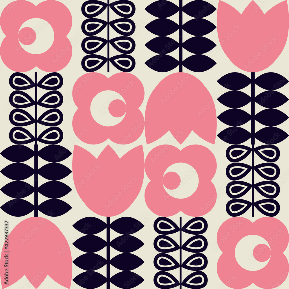 Aufkleber Modern vector abstract  geometric background with stylized flowers, leaves and stems  in retro scandinavian style. Pastel colored simple shapes graphic seamless pattern.