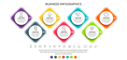 Modern and simple flat vector circles infographic with 7 steps, rhombus. Timeline for diagram, chart, web, banner, workflow layout, presentations, flowchart, info graph, levels, chart