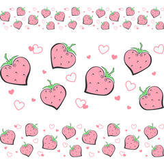 Decorative strawberries and small hearts on a white. Seamless horizontal border for packaging, wrapper, flyer, border tape for confectionery products, printing on fabric, textile, tape, ribbon or menu