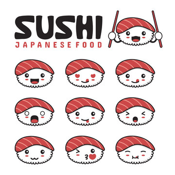 cute sushi emoji with different facial expressions