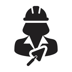 Trowel icon with construction worker female person profile avatar for contractor builder with hardhat in a glyph pictogram illustration